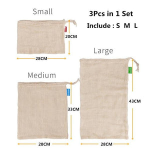 100% Organic Cotton Mesh Produce Bags Reusable Produce Bags De Life Store 3 Pack - SM, MED, LG 